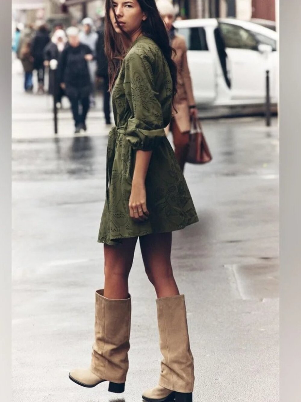 Zara Rubberized Embroidered Green Dress XS Like New